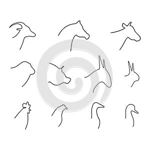 Animals vector line icons set. Farm domestic animals head symbols