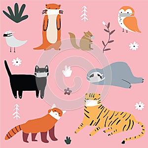 Animals wearing face mask. Stylish repeating pattern with pink background. Animals are foxes, sloth, owl, leopard, sea otter and