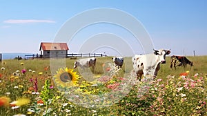 animals on wild field at sunset ,dog and cows on summer floral field