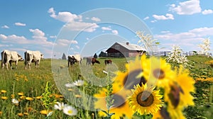 animals on wild field at sunset ,dog and cows on summer floral field