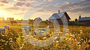 animals on wild field at sunset ,dog and cows on summer floral field,