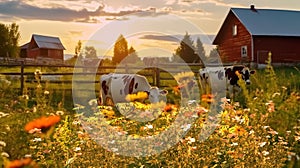 animals on wild field at sunset ,dog and cows on summer floral field,