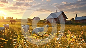 animals on wild field at sunset ,dog and cows on summer floral field,