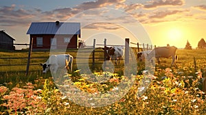 animals on wild field at sunset ,dog and cows on summer floral field,