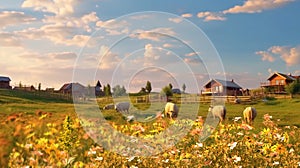 animals on wild field at sunset ,dog and cows on summer floral field,