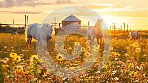 animals on wild field at sunset ,dog and cows on summer floral field,