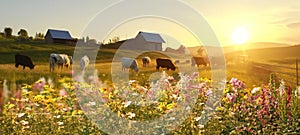 animals on wild field at sunset ,dog and cows on summer floral field,