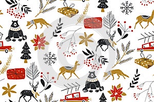 Animals winter Vector seamless pattern with the traditional Christmas floral elements. Perfect for greeting cards