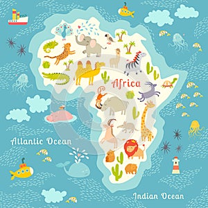 Animals world map, Africa. Beautiful cheerful colorful vector illustration for children and kids. With the inscription of the ocea