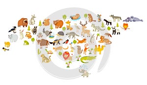 Animals world map, Eurasia. Colorful cartoon vector illustration for children and kids. photo