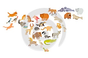 Animals world map, North America. Colorful cartoon vector illustration for children and kids