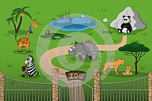 Animals of zoo in cartoon style. Scene with funny characters. Wildlife poster