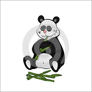 Animals of zoo. Panda eating bamboo in cartoon style. Isolated cute character