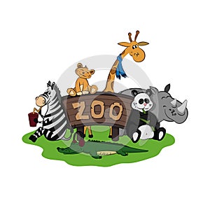 Animals of zoo. Set of cute images in cartoon style. Isolated cute character