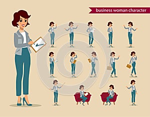 Businesswoman character set. Animate character. Female personage constructor. Different woman postures. Vector set photo