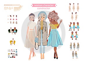 Animate woman character. Young lady personage constructor. Different postures, hairstyle, face, legs, hands, clothes, accessories