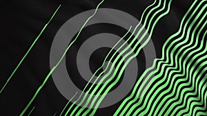 Animated 3D waving cloth texture with green and black diagonal stripes, seamless loop. Motion. Smooth silk cloth surface