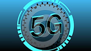 Animated 5G symbol on blue and black gradient background. Concept Transmit Ai Networking on Fiber Optic. Transfer 5g