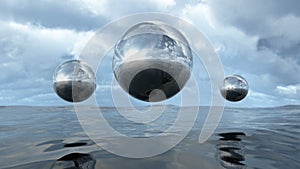 Animated abstract liquid transparent sphere above water loop able. 3D rendering 4K