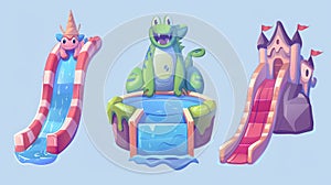 Animated aquapark slide modern icon set. Cartoon water slide with pool. Summer aquatic amusement set with castle