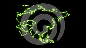 Animated Asia Continent map neon glow blinking for background of technology or business purpose