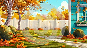 Animated autumn house backyard with yellow trees, bushes, fallen leaves on grass lawn and white wooden fence. Cottage