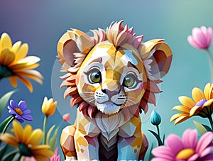 Animated baby lion sitting in flowers, digital art painting in vibrant colors