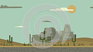Animated background. Desert landscape with cactuses, stones and mountains. Flat animation, parallax. Footage.