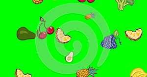 Animated background with Fruits on green background decorative, abstract pattern animation. video. apple, broccoli