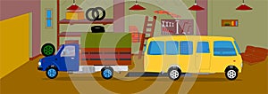 Animated background of a garage, the garage on the repaired yellow bus and truck