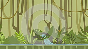 Animated background. Green jungle forest with river. Flat animation, parallax. Footage.