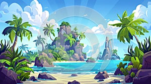 Animated background of an uninhabited island surrounded by ocean water, palm trees, and rocks. Tropical landscape modern