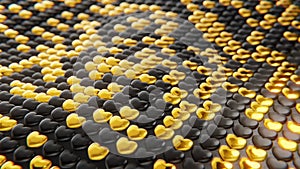 Animated background of waves of black and gold hearts. Seamless looped 4k 3d animation.