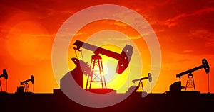 Animated Backgrounds of rendered oil pump jacks on sunset sky background.