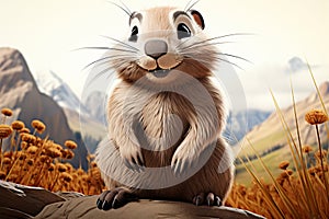 Animated beaver, contently seated, set against a picturesque mountain backdrop