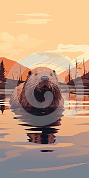 Animated Beaver Swimming: Whistlerian Poster Art With Warm Color Palettes