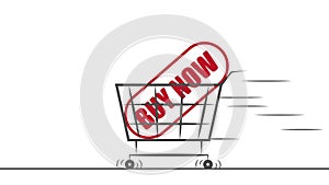 The animated big red square button buy now, one in a shopping trolley.