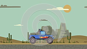 Animated big wheel monster truck riding through canyon desert. Moving bigfoot truck on mountain desert background. Flat