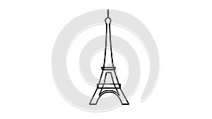 Animated black Eiffel Tower is drawn. Linear symbol of France. Concept of Paris, trip, travel, construction, journey.
