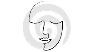 Animated black linear face of a human with closed eyes is gradually drawn. Head from ribbon. Single line. Concept of beauty.
