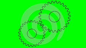 Animated black two gears spin. Linear symbol. Concept of teamwork, business, technology, industry. Looped video.