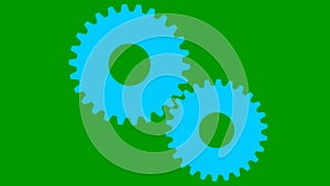 Animated blue two gears spin. Looped video. Concept of teamwork, business.