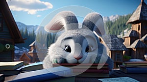 Animated Bunny with Books in Snowy Village