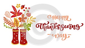 Animated calligraphy lettering text Happy Thanksgiving Day and illustration of yellow and orange leaves and red rubber