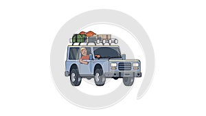 Animated car with luggage on the roof and smiling guy behind the wheel. Moving off-road vehicle. Flat animation
