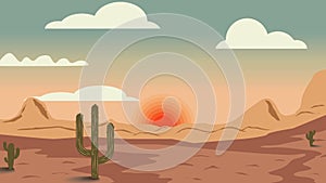 Animated cartoon background. Looped animation of desert landscape with cactuses. Flat footage with parallax effect. side view