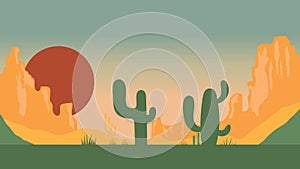 Animated cartoon background. Looped animation of desert landscape with cactuses. Flat footage with parallax effect. side view