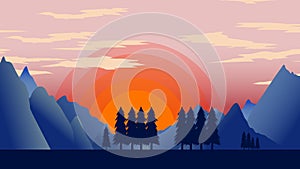 Animated cartoon background. Looped animation of mountain landscape with pine trees. Flat footage with parallax effect. side view