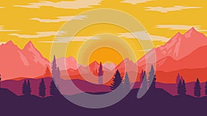 Animated cartoon background. Looped animation of mountain landscape with pine trees. Flat footage with parallax effect. side view