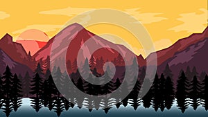 Animated cartoon background. Looped animation of mountain landscape with pine trees. Flat footage with parallax effect. side view